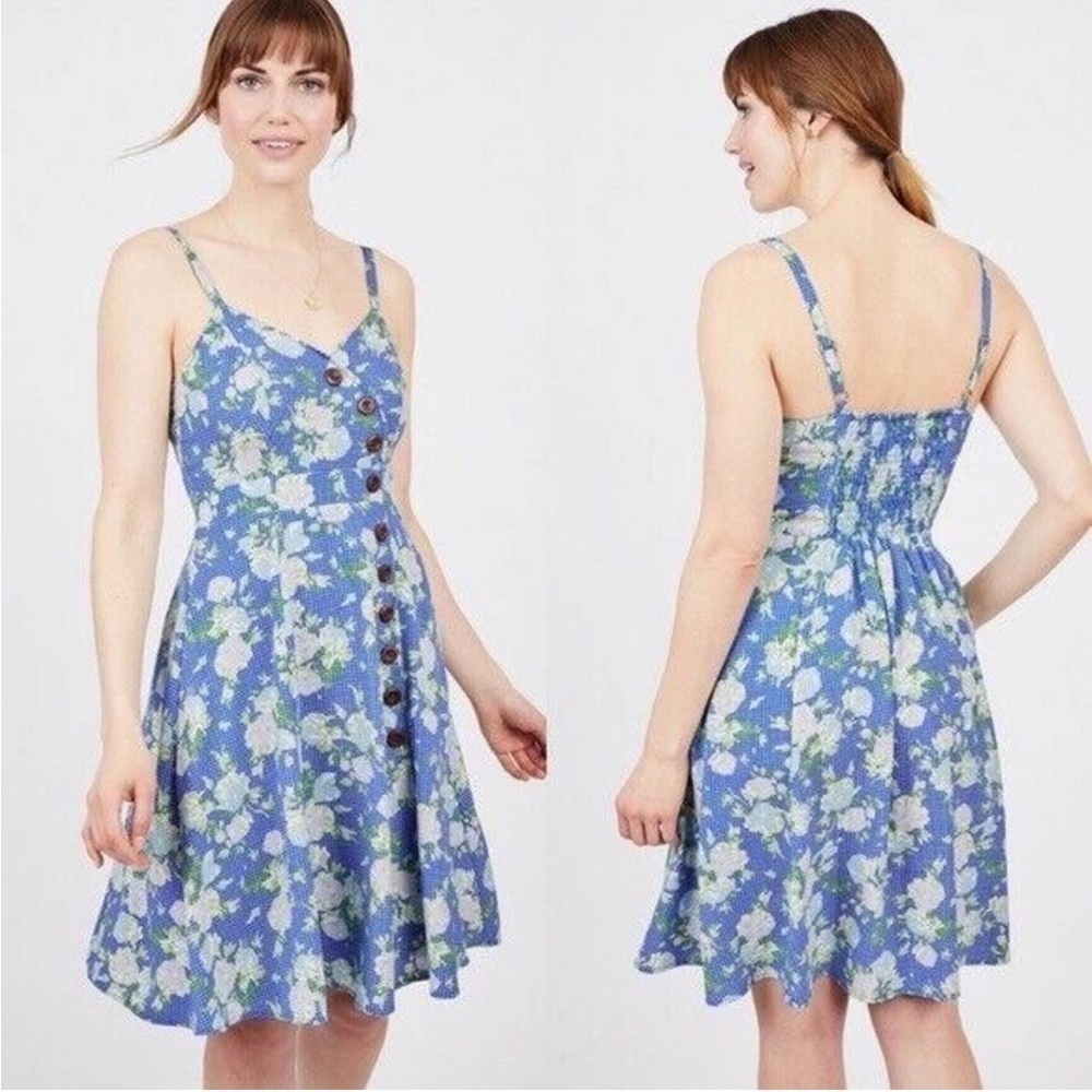 ModCloth Grid And Floral Sleeveless Button Dress Sentimental Special Blue, M